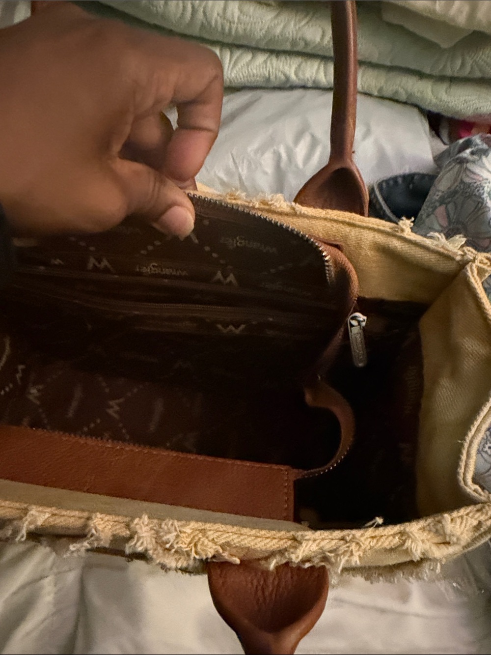 Wrangler Beige Canvas Tote with Brown Trim and Braided Handles - Picture 7 of 14